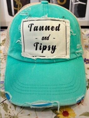 "Tanned and Tipsy" Distressed Baseball Cap (Turquoise 🩵)